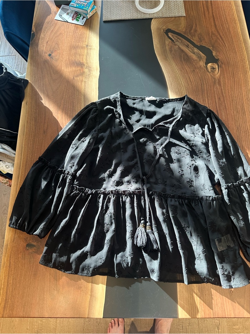 Tribal Black Peasant Blouse with Tassel Tie